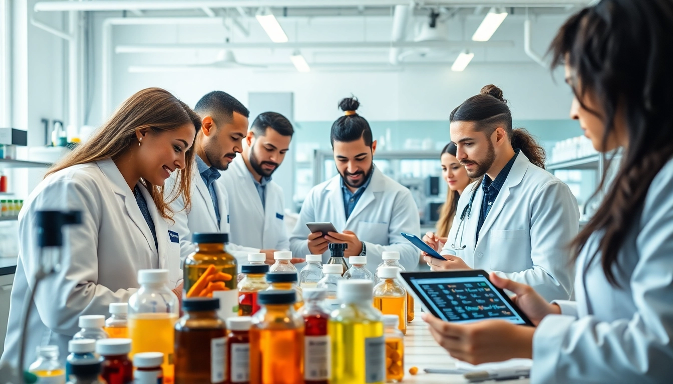 Illustration of a Private Label Supplement Manufacturer showcasing a professional team in a modern lab setting.