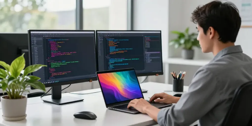 Developer using an AI text generation tool in a modern office setup.