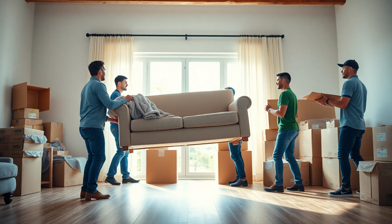 Movers providing Residential Moving Services efficiently while packing furniture and boxes in a bright living room.