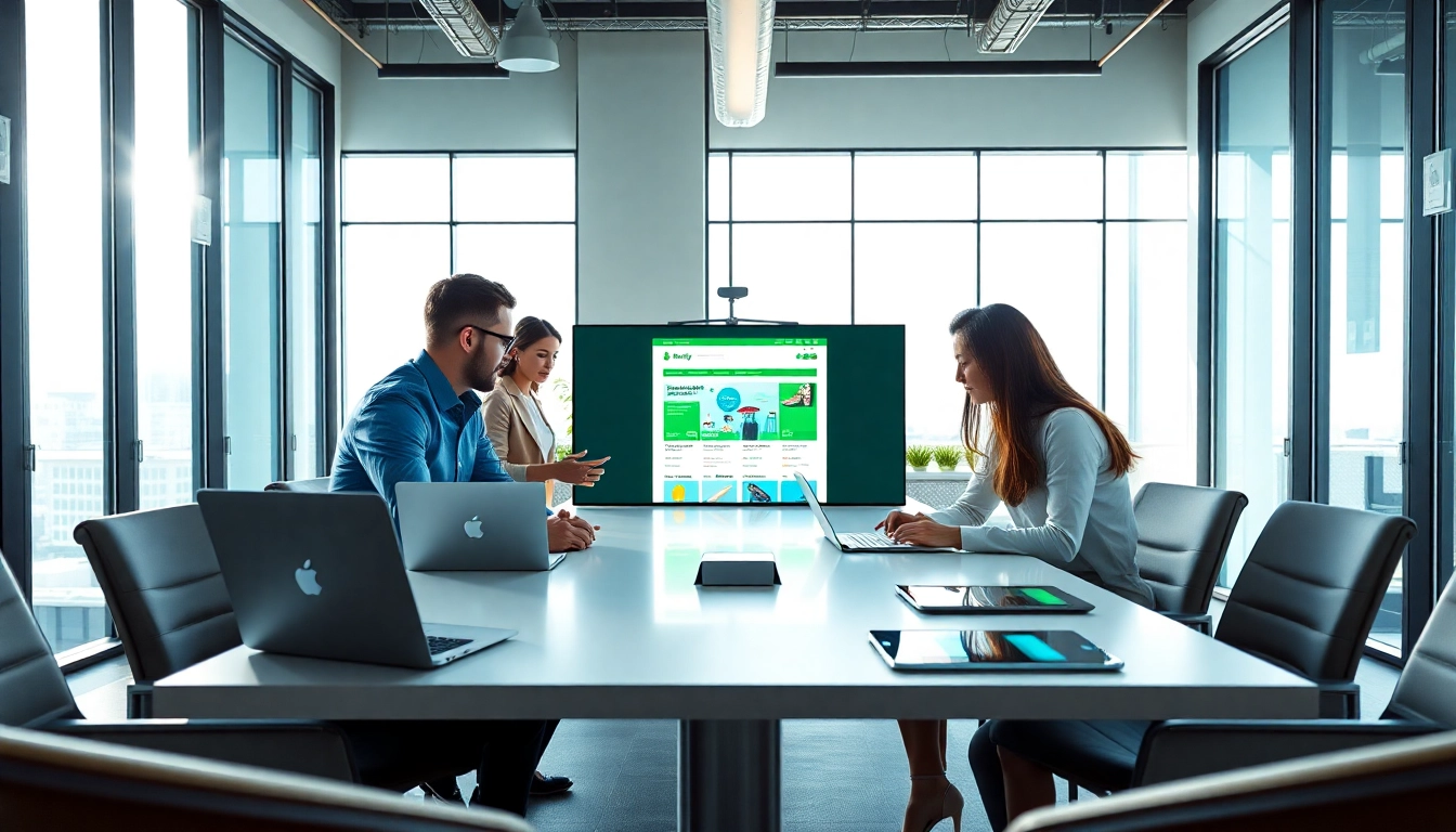 Shopify experts collaborating in a modern office environment, illustrating teamwork and digital innovation.