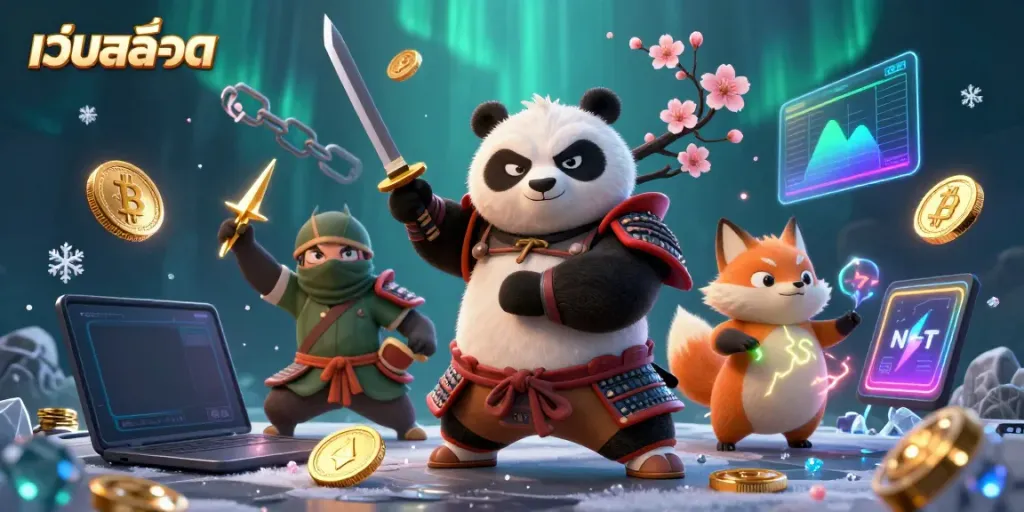 Experience thrilling action at เว็บสล็อต featuring a samurai panda and ninja fox amidst vibrant casino elements.